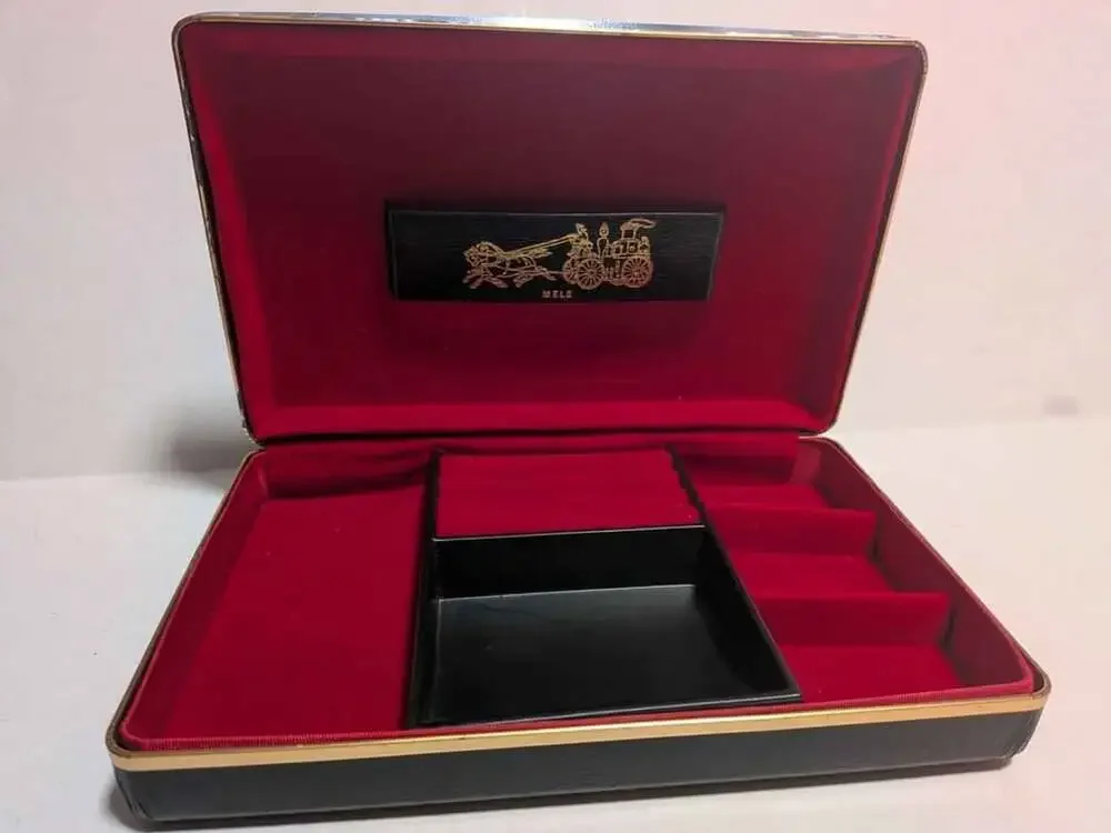 Vintage Mid-Century Mele Jewelry Box Black Faux Leather Red Velvet Horse Carriag